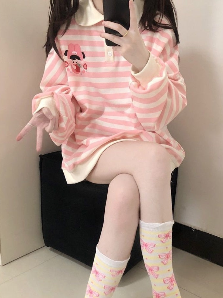 Sweatshirt Pink Striped Woman Japanese Cute Cartoon Print Polo Collar Pullover