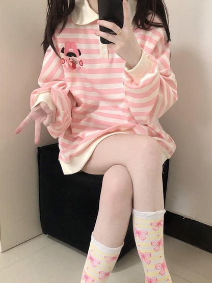 Sweatshirt Pink Striped Woman Japanese Cute Cartoon Print Polo Collar Pullover