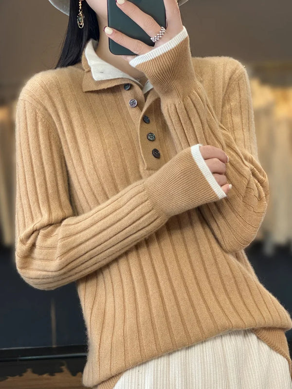 Womens Winter Merino Wool Sweater Turn Down Collar Soft Pullover