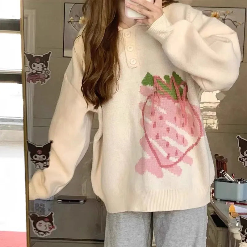 Süße Erdbeer-Strickoberteile für Frauen, Harajuku-Kawaii-Pullover für Herbst und Winter