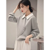 Womens Corduroy Sweatshirt Layered Look Gray Polo Collar Korean Style