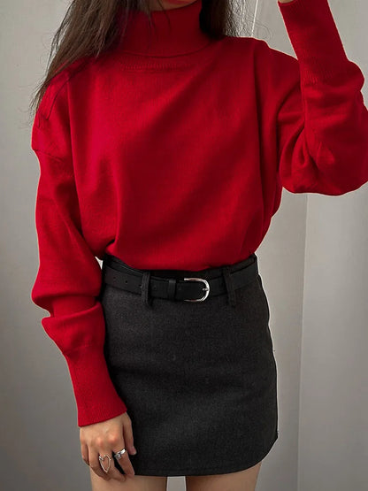 Women’s Red Oversized Turtleneck Sweater Winter