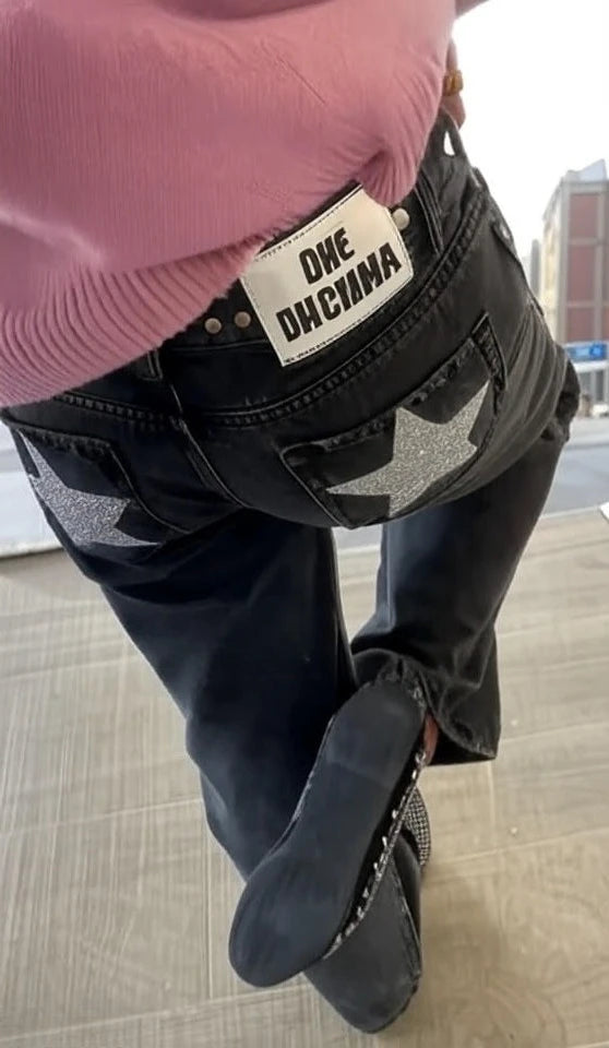 Y2K Black Baggy Jeans Women Star Sequin Rivet Washed Denim