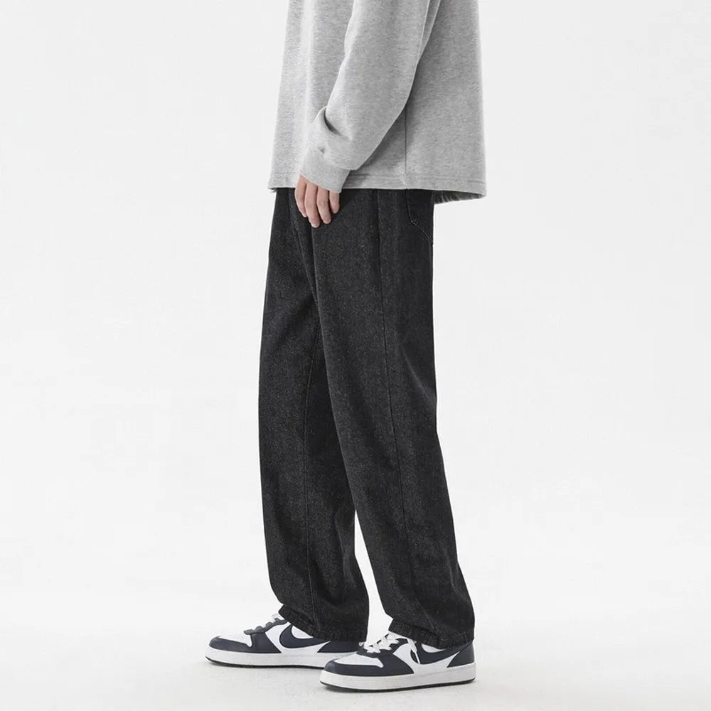 Men's Korean Casual Ankle Length Jeans Solid Wide-Leg Denim Pants