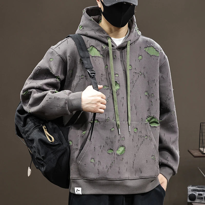 High-End Broken Hole Hoodie Men’s 2024 Oversized Fall Fashion