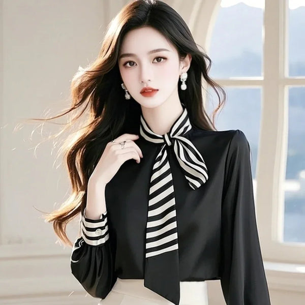 Womens Chiffon Blouse Bow Tie Long Sleeve Korean Office Loose Fit