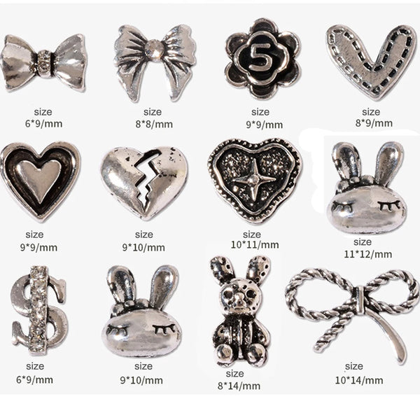 10pcs Retro Punk Nail Art Charm 3D Punk Silver Bows Heart Rabbit Dollar