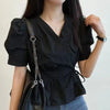 V Neck Lace Up Blouse Women Korean Slim Fit Office Summer Top