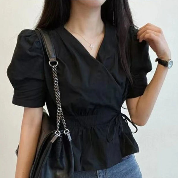 V Neck Lace Up Blouse Women Korean Slim Fit Office Summer Top