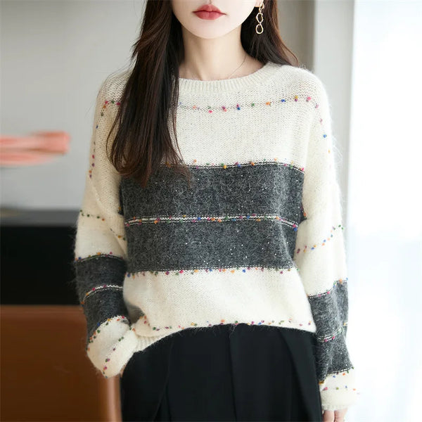 Plus Size Sequin Sweater Womens Color Block Stripe Knit Pullover