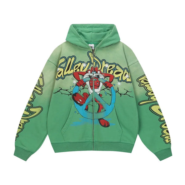 Washed Green Hoodie Unisex Zip Up Cartoon Print Sweatshirt Jacket