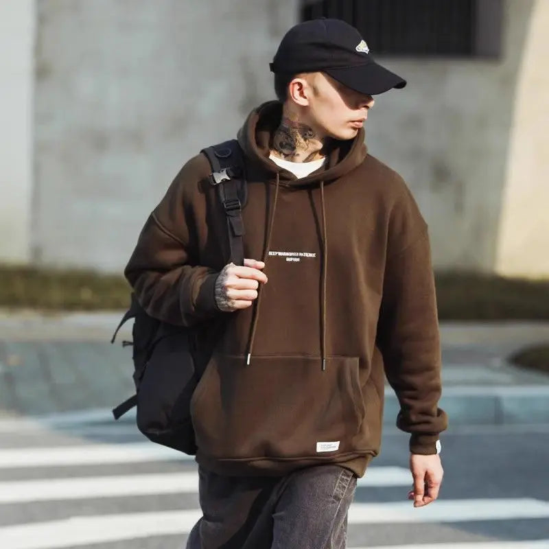 Men's Harajuku Vintage Fleece Hoodie Warm Korean Style Sweatshirt