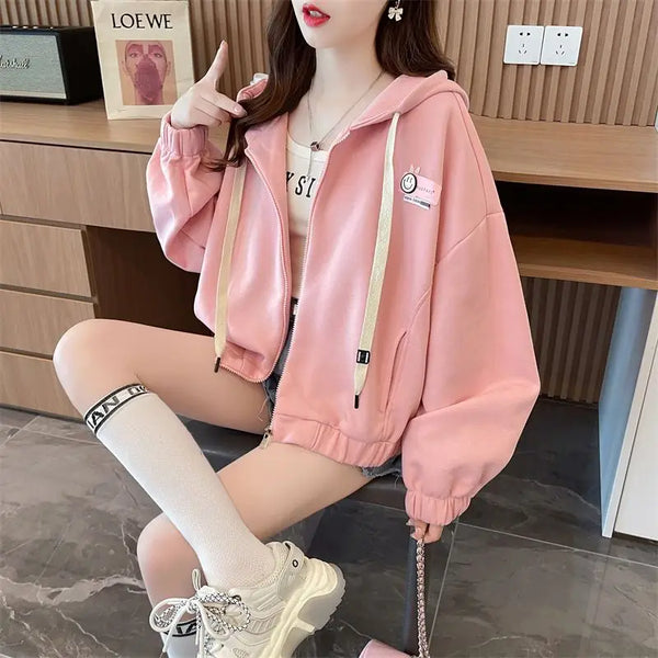 Womens Cropped Hoodie Lightweight Loose Fit Casual Jacket