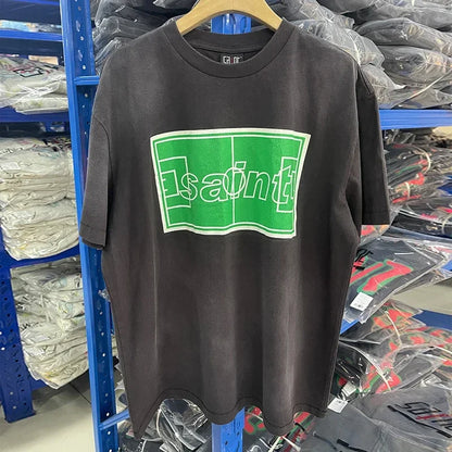 25SS Vintage Grey Saint T-Shirt Streetwear Character Logo Print Cotton