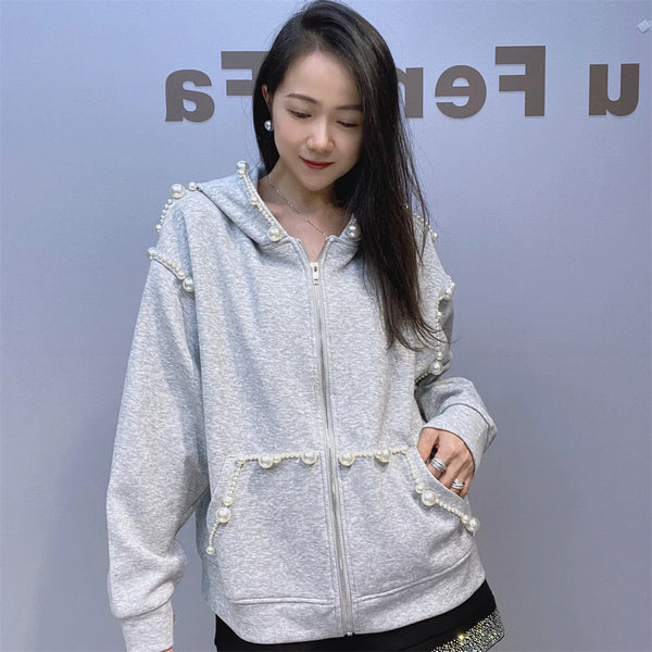 Autumn Women’s Gray Pearl Hoodie Coat Stylish Loose Fit Casual Cardigan