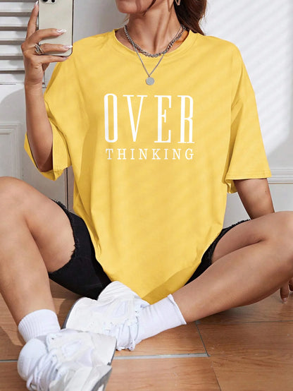 Over Thinking Letter Print Women Cotton Short Sleeve Breathable Vintage O-Neck
