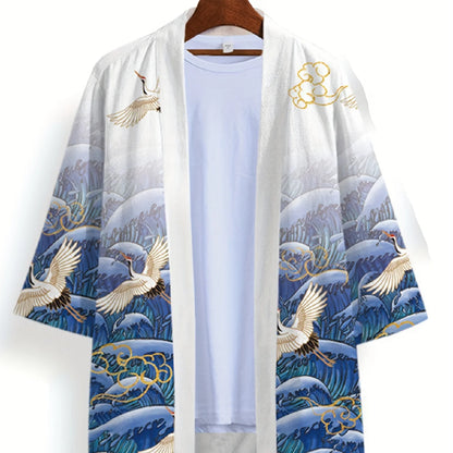 Animal Bird Patterns Crane Waves Asian Traditional Print Kimono Unisex