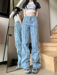 Plaid Splicing Straight Leg Jeans for Women Versatile Korean High Waisted