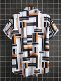 Color Block Pattern Men's Short Sleeve Button Down Lapel Shirt Summer