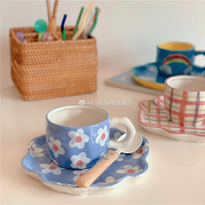 Mug Coffee Cup Ceramic Plate Rainbow Clouds Plaid Breakfast Plate