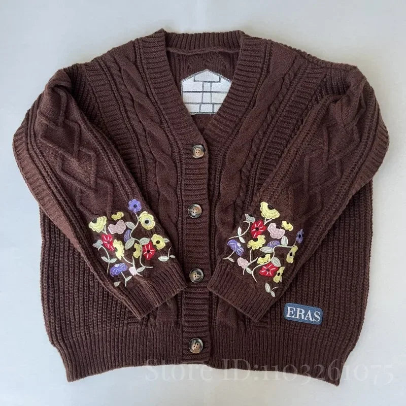 Cardigan for Women Flower Embroidered Knitted Sweater Y2k Girl Vintage