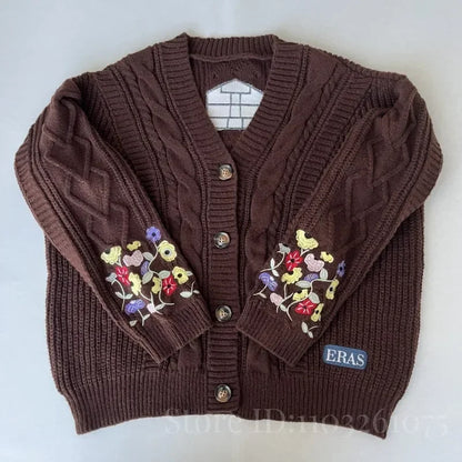 Cardigan for Women Flower Embroidered Knitted Sweater Y2k Girl Vintage
