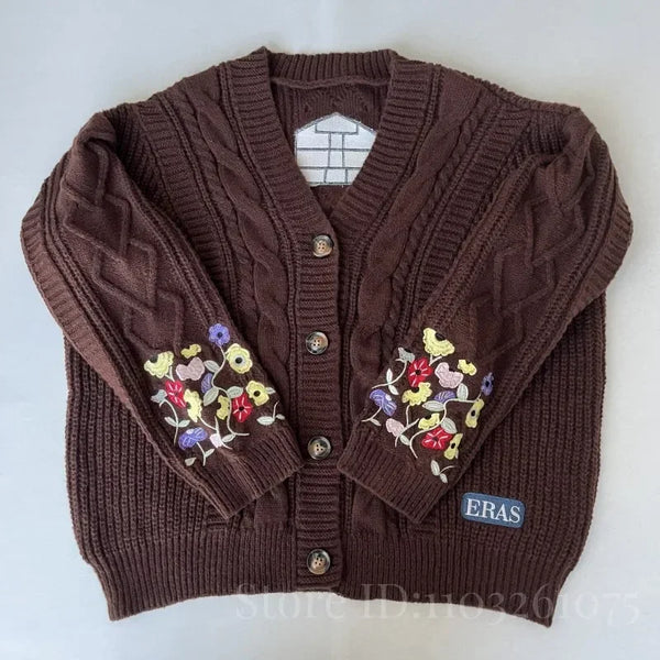 Cardigan for Women Flower Embroidered Knitted Sweater Y2k Girl Vintage
