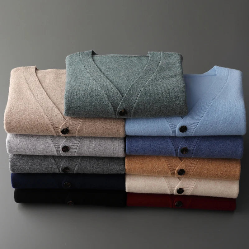 Mens Pure Merino Wool Cardigan V Neck Sweater Jacket Oversized Knit