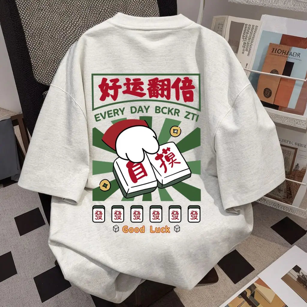 Good Luck Mahjong Tile T-Shirt Women Retro Casual Streetwear