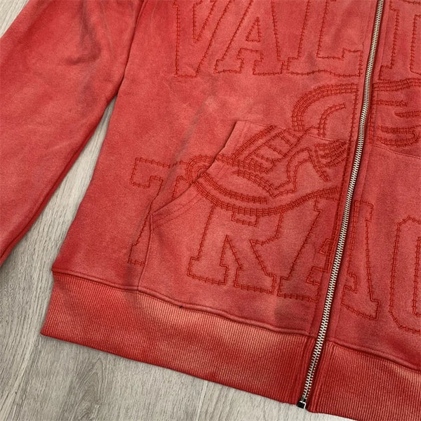Oversized Red Zip Hoodie Unisex Washed Cotton Embroidered Jacket