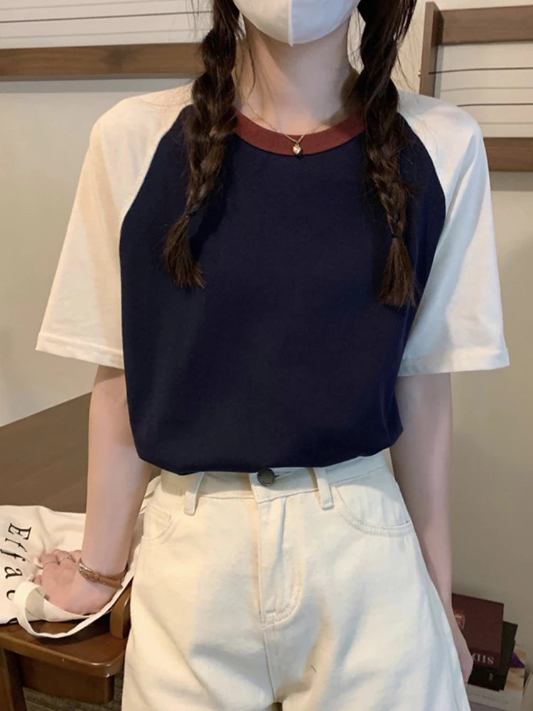 Summer Tops Women Tshirt Collar Short Sleeve Beige Blue Chic Y2k Fashion