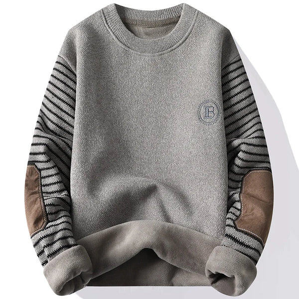 Mens Patchwork Crew Neck Sweater Fleece Lined Thick Warm Winter
