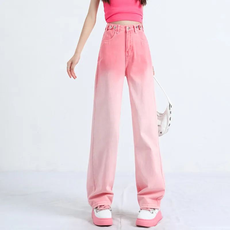 Women's Gradient Pink Purple Jeans High Waisted Slim Straight Denim