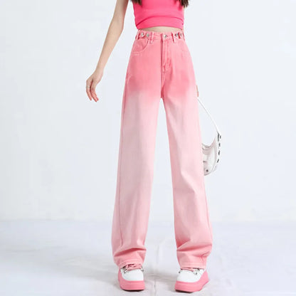 Women's Gradient Pink Purple Jeans High Waisted Slim Straight Denim