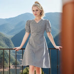 Women 2024 New Spring V-Neck Puff Sleeves Textured Plaid Dresses Temperament