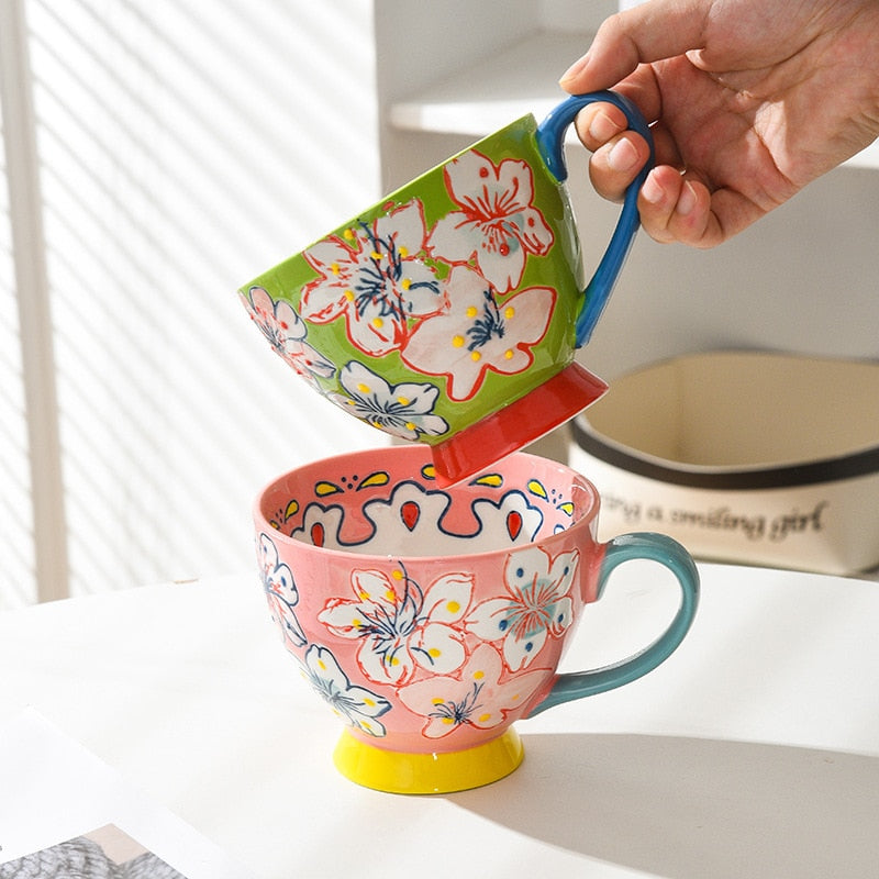 Cute Hand-painted Embossed Ceramic Breakfast-mug Creative Mug and Cute Oatmeal -cup