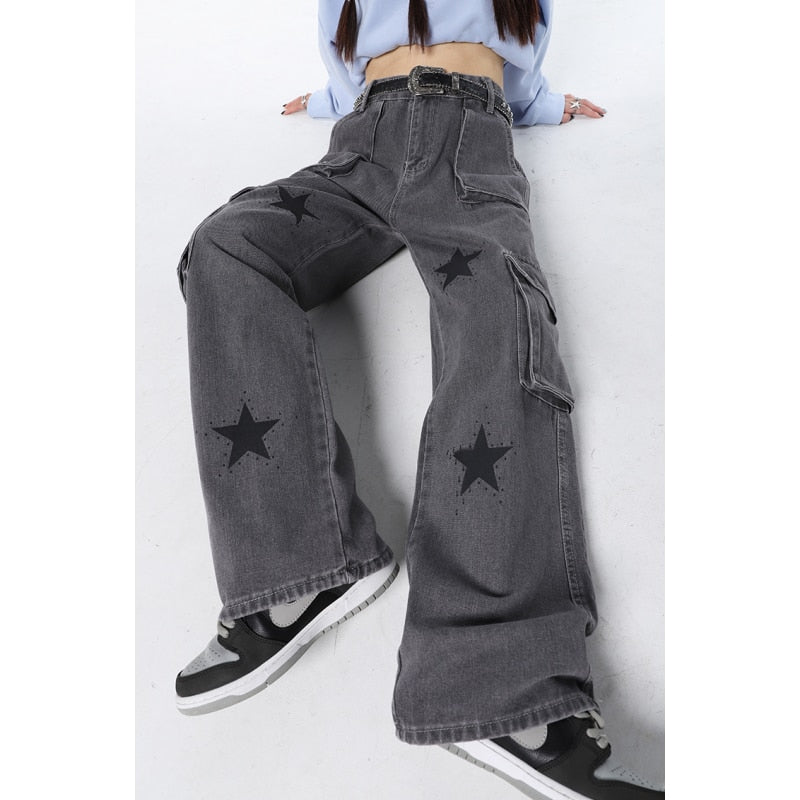 Women Jeans Vintage Straight Baggy Denim Pants Stars