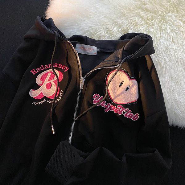 Embroidery Hoodies Y2k Women Retro Zipper Streetwear