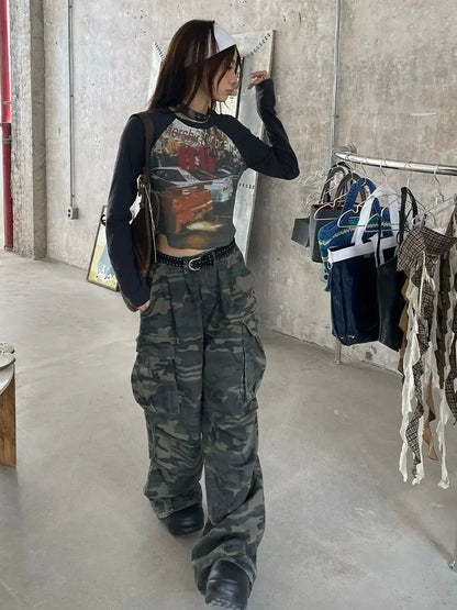 Y2K Camouflage Wide Leg Jeans with Pockets for Women