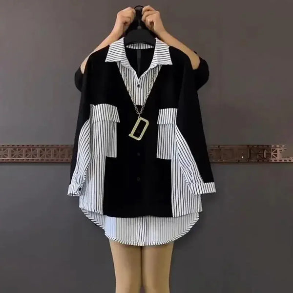 Women's Loose-Fit Slimming Striped Shirt Fashionable Top