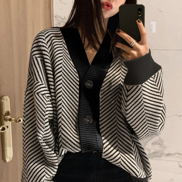 Striped Cardigan Sweater Women Long Sleeve Knit Jacket Fall Winter