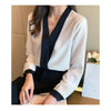 Black White Contrast V Neck Chiffon Blouse Work Top