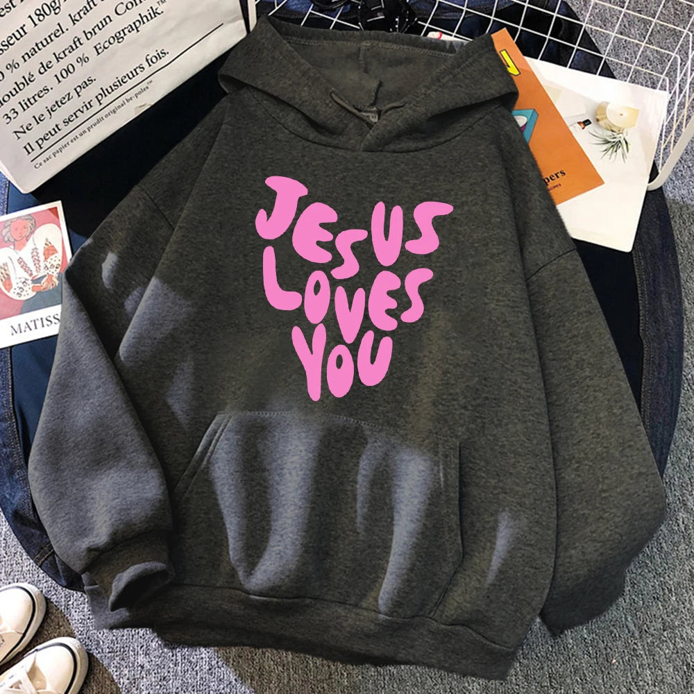 Jesus Loves You Letter Funny Prints Hoodies Women Fleece Pocket