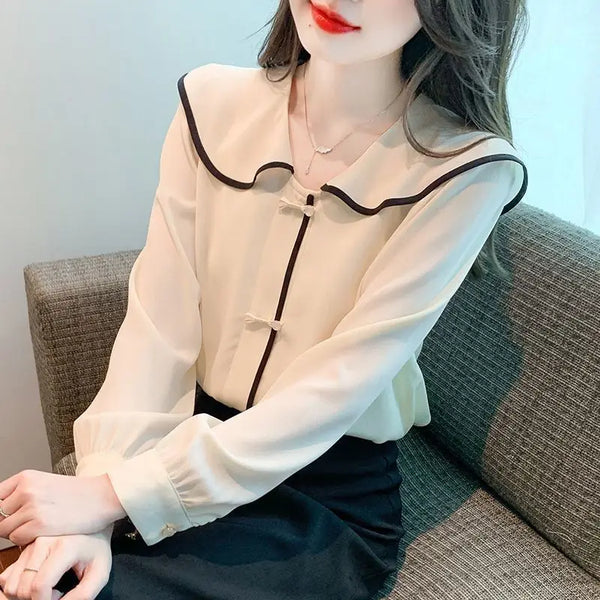 Womens French Chic Chiffon Blouse Long Sleeve Dressy Shirt Top