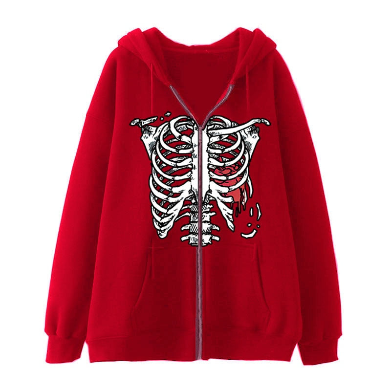 Y2K Dark Skull Skeleton Zip Up Hoodie Men's Jacket