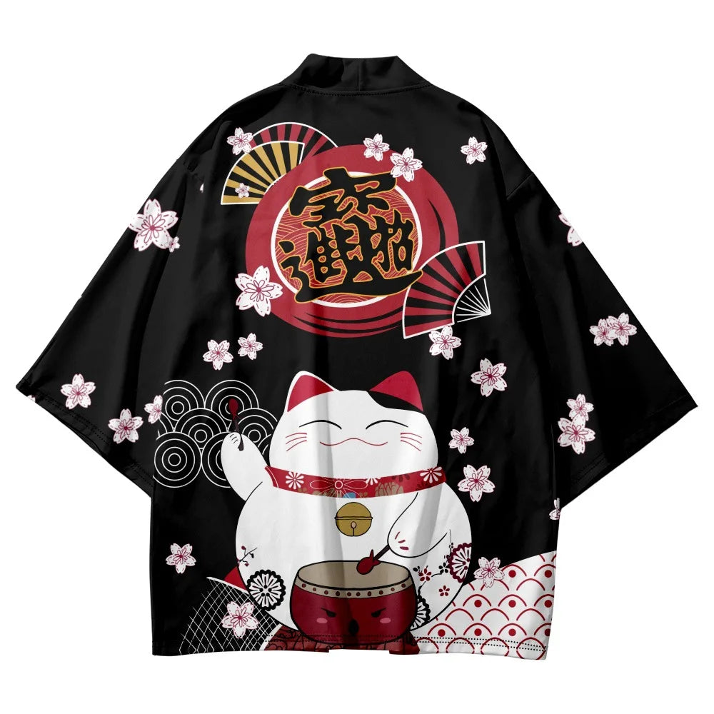 Japanese Kimono Yukata Samurai Man Cat Print Shirt Clothing Harajuku
