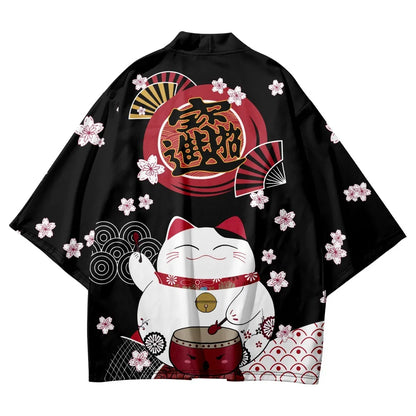 Japanese Kimono Yukata Samurai Man Cat Print Shirt Clothing Harajuku