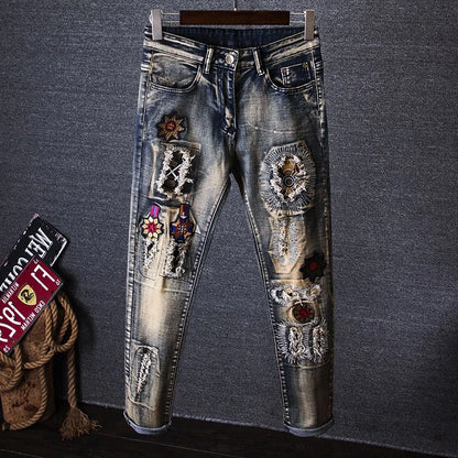 Men's Ripped Embroidered Jeans Y2K Goth Retro Cowboy Pants 2000s Style