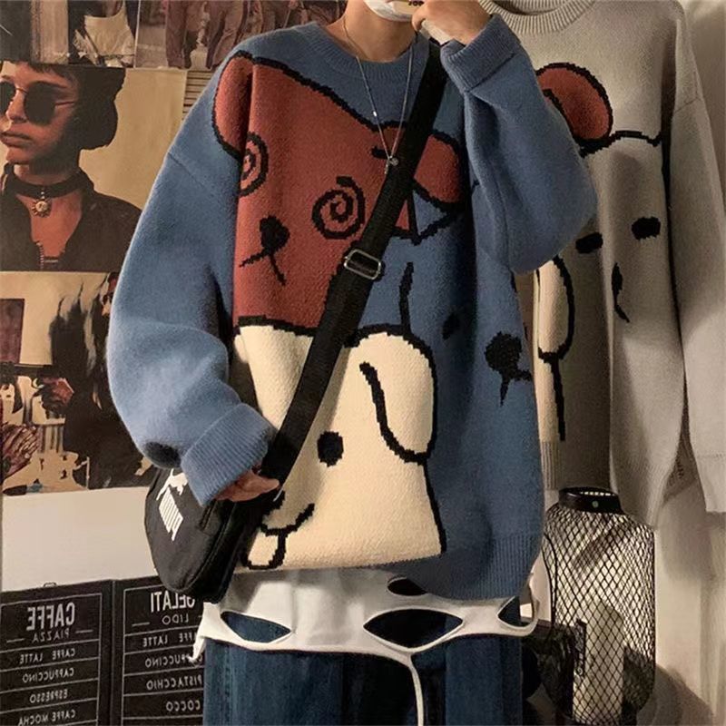 Sweater men loose autumn and winter Japanese retro cartoon Male bottoming shirt pullovers - xinnzy