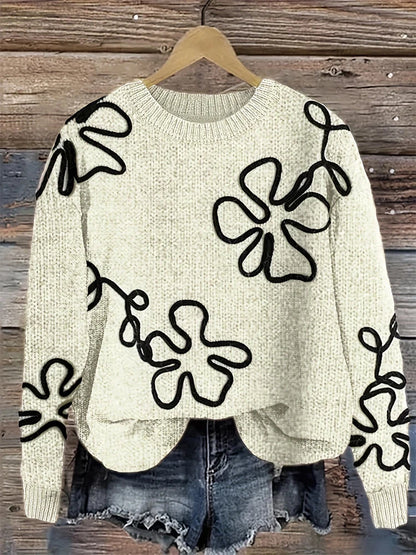 Women's Flower Print Color Block round Neck Casual Sweater Long Sleeve